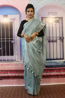 Pastel Blue Linen saree with blouse with zari border