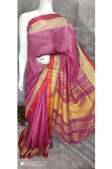 Pink Linen saree with blouse with broad zari border