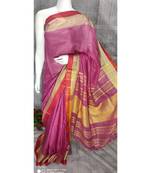 Pink Linen saree with blouse with broad zari border