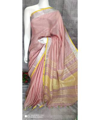 Pastel Peach Linen saree with blouse with Zari Border 1