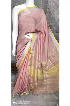 Pastel Peach Linen saree with blouse with Zari Border