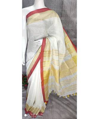 White  Linen saree with blouse with broad zari border 1