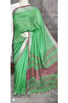 Green  Linen saree with blouse with  zari border