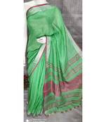 Green  Linen saree with blouse with  zari border