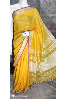 Yellow Linen saree with blouse with zari border