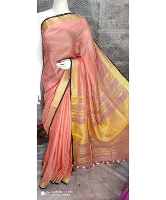 Peach Linen saree with blouse with zari border 1