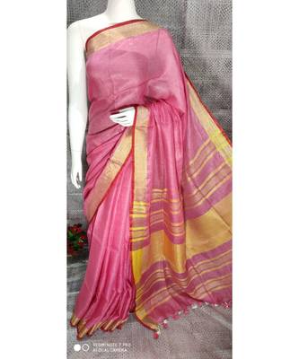 Pink Linen saree with blouse with zari border 1