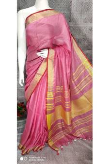 Pink Linen saree with blouse with zari border