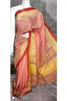 Peach Linen saree with blouse with broad zari border
