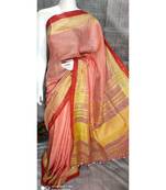 Peach Linen saree with blouse with broad zari border