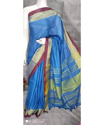 Blue Linen saree with blouse with broad zari border 1