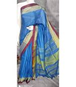 Blue Linen saree with blouse with broad zari border
