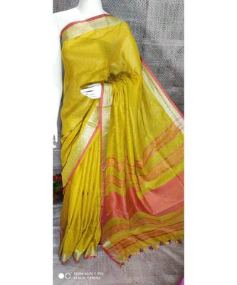 Yellow Linen saree with blouse with zari border 1