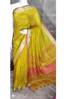 Yellow Linen saree with blouse with zari border