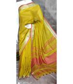 Yellow Linen saree with blouse with zari border