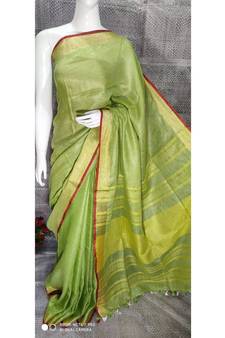 Green Linen saree with blouse with zari border