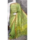 Green Linen saree with blouse with zari border