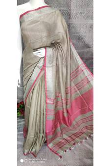 Grey Shade Linen saree with blouse with zari border