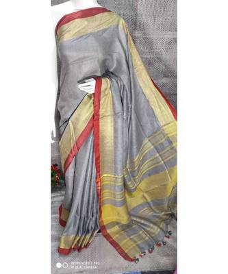Grey Shade Linen saree with blouse with broad zari border 1