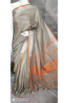 Beige Grey Linen saree with blouse with zari border