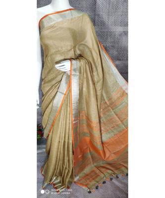 Beige Shade Linen saree with blouse with zari border 1