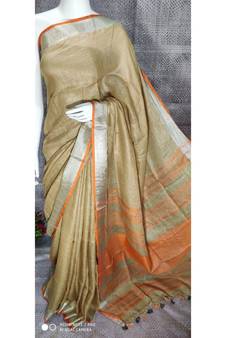 Beige Shade Linen saree with blouse with zari border