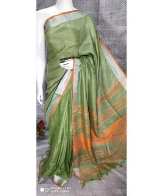 Green Shade Linen saree with blouse with zari border 1