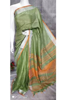 Green Shade Linen saree with blouse with zari border