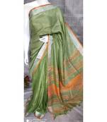 Green Shade Linen saree with blouse with zari border