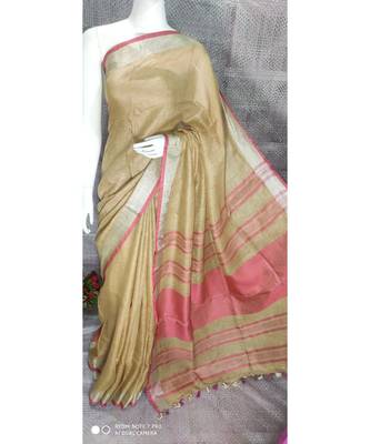 Beige Shade Linen saree with blouse with zari border 1