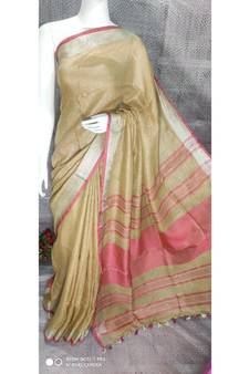 Beige Shade Linen saree with blouse with zari border