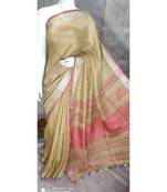 Beige Shade Linen saree with blouse with zari border