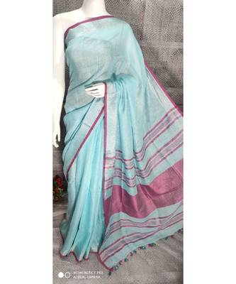 Blue Shade Linen saree with blouse with zari border 1