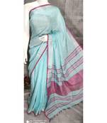Blue Shade Linen saree with blouse with zari border