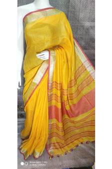 Yellow Shade Linen saree with blouse with zari border