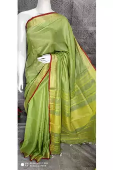 Green Shade Linen saree with blouse with zari border