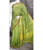Green Shade Linen saree with blouse with zari border
