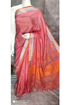 Tomato shade Linen saree with blouse with Zari border