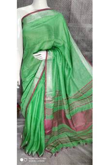 Green shade Linen saree with blouse with Zari border