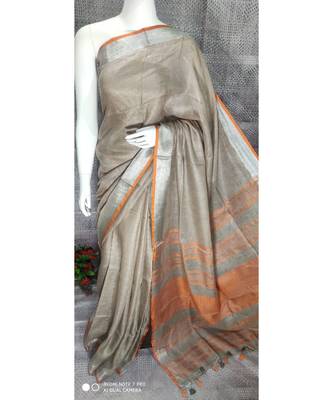Beige ash shade Linen saree with blouse with Zari border 1