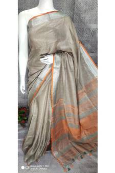 Beige ash shade Linen saree with blouse with Zari border