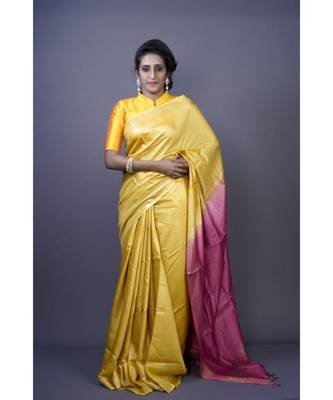 Yellow shade Tussar Moonga Silk saree with blouse with contrast pallu 1