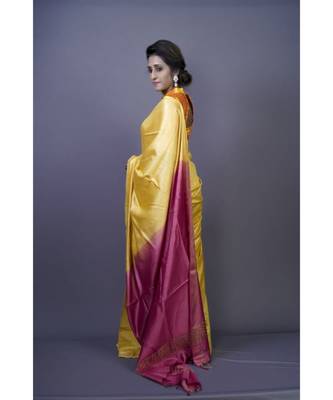 Yellow shade Tussar Moonga Silk saree with blouse with contrast pallu 2