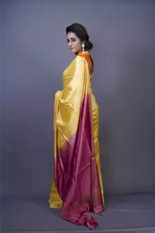 Yellow shade Tussar Moonga Silk saree with blouse with contrast pallu