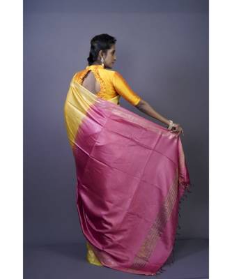 Yellow shade Tussar Moonga Silk saree with blouse with contrast pallu 3