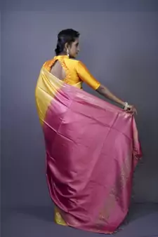 Yellow shade Tussar Moonga Silk saree with blouse with contrast pallu
