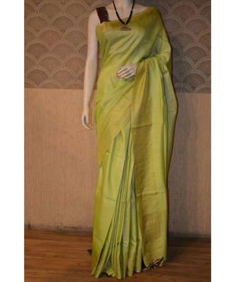 Lemon shade Tussar Moonga Silk saree with blouse with zari border 1