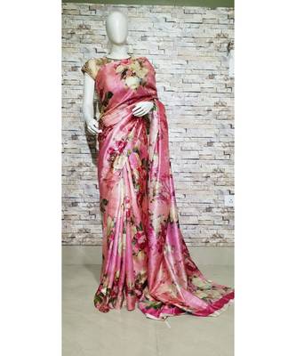 Pink Floral print Tussar Moonga Silk saree with blouse 1