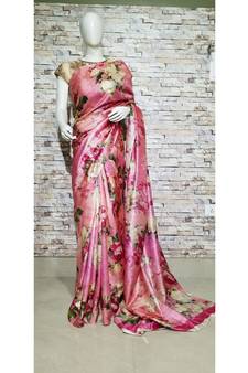 Pink Floral print Tussar Moonga Silk saree with blouse