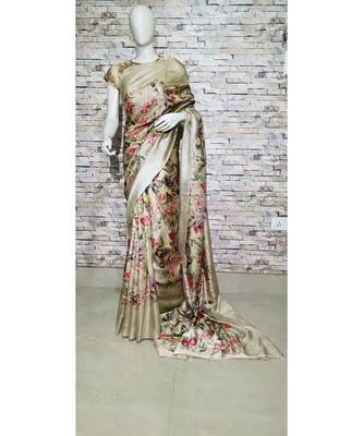 Creamish Beige Floral print Tussar Moonga Silk saree with blouse 1